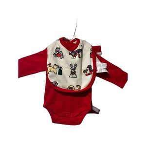 Monica + Andy Newborn Organic Cotton Red Dog Print Long Sleeve Bodysuit Bib Set‎